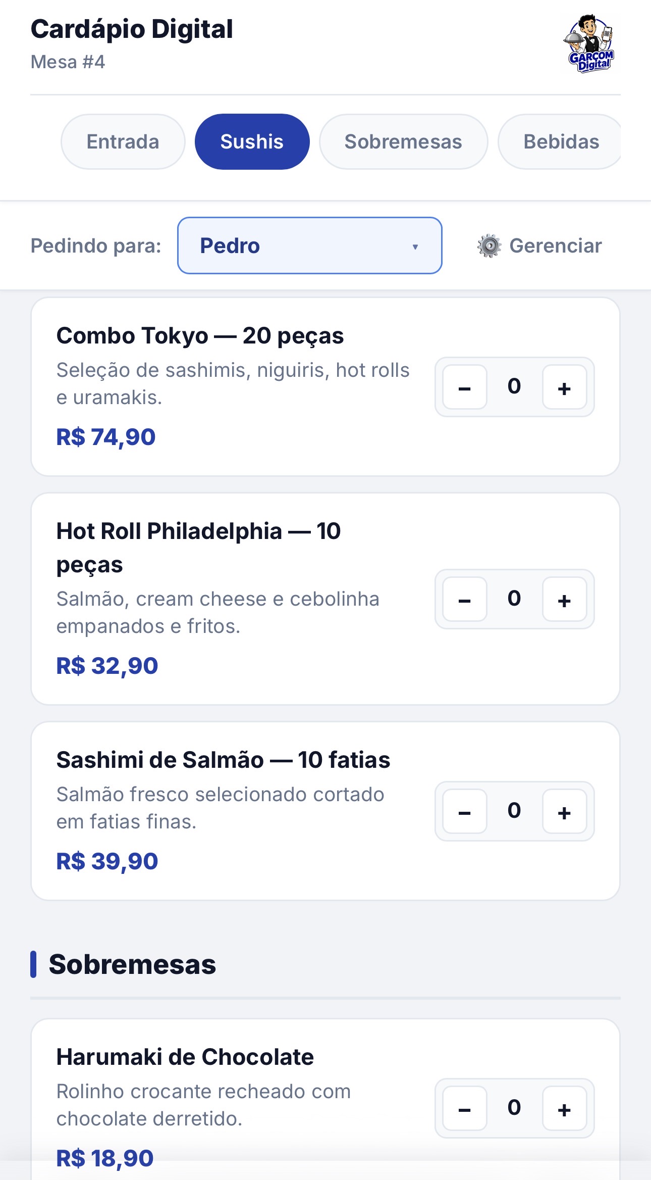 Cardápio Digital em funcionamento